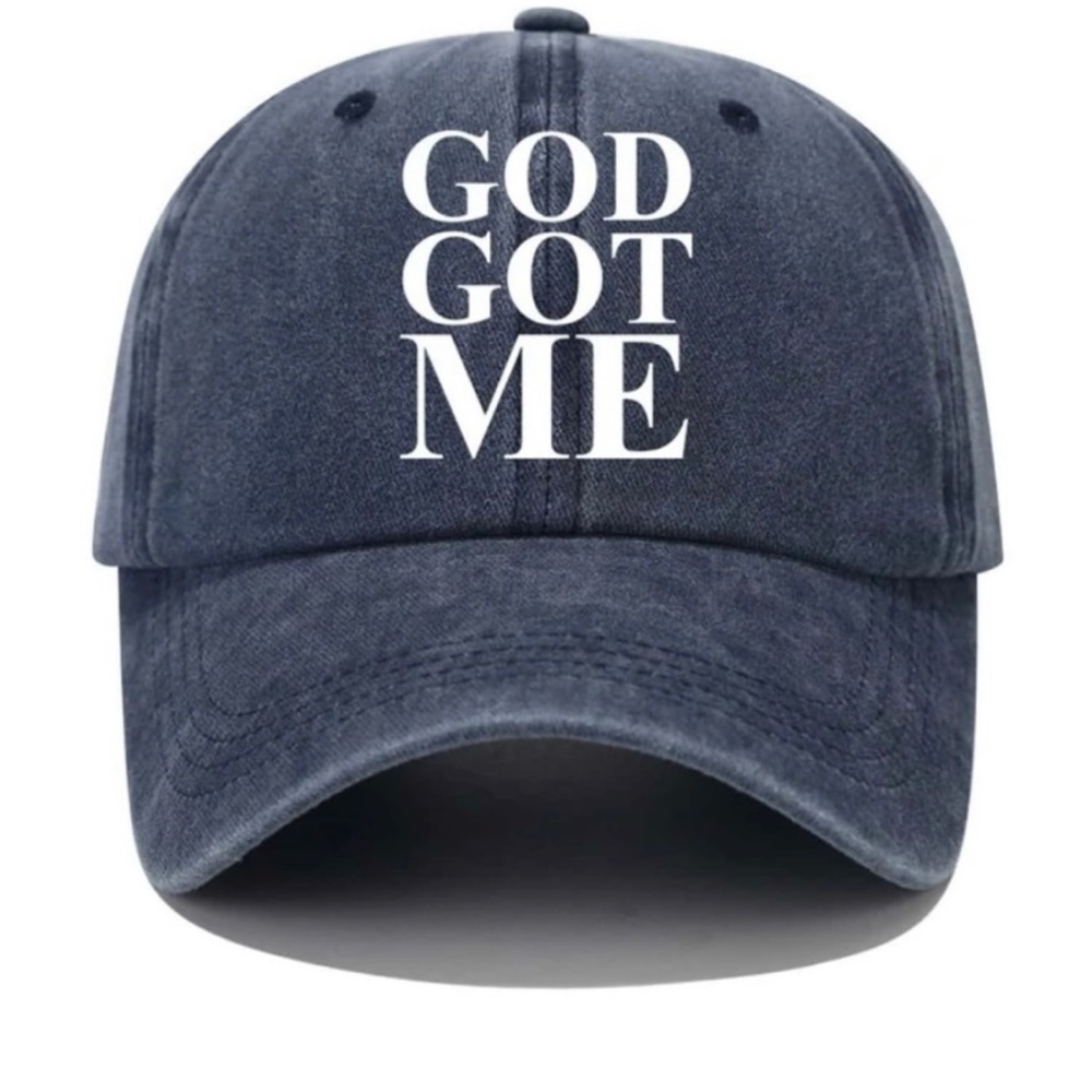 🙌🏽 ✨3 for $30 GOD GOT ME. Washed Denim Graphic Hat. Color: Blue/Black/ White